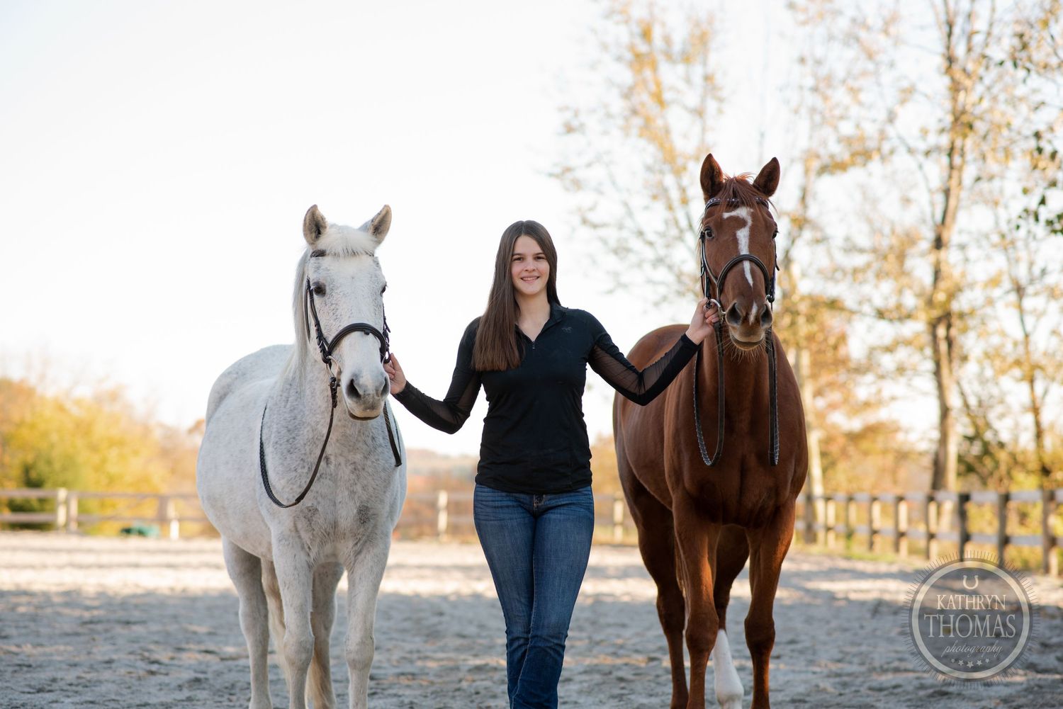 A casual outdoor portrait with two horses, one white and one brown, in a fenced arena during autumn.