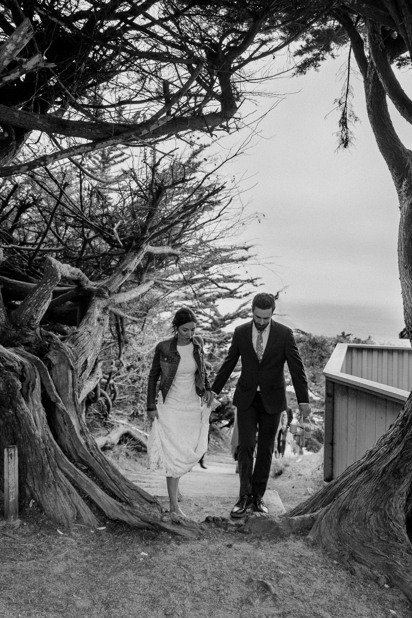 A couple walks through an archway of twisted tree branches on their wedding day.
