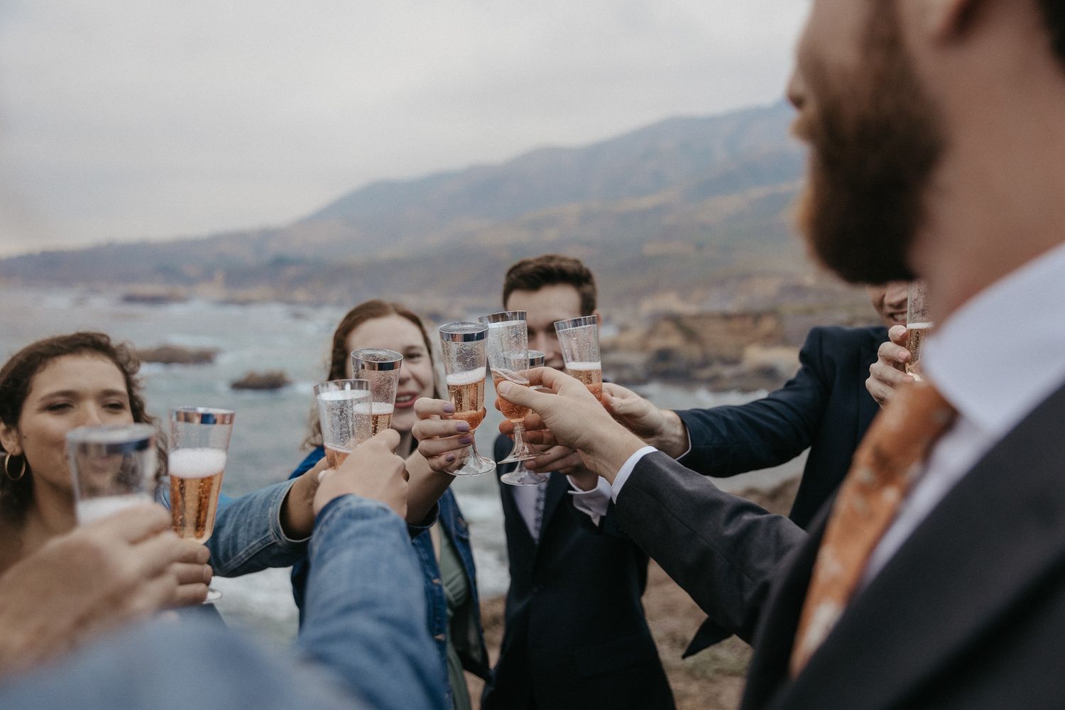 Group toasting with champagne glasses against scenic coastal landscape.