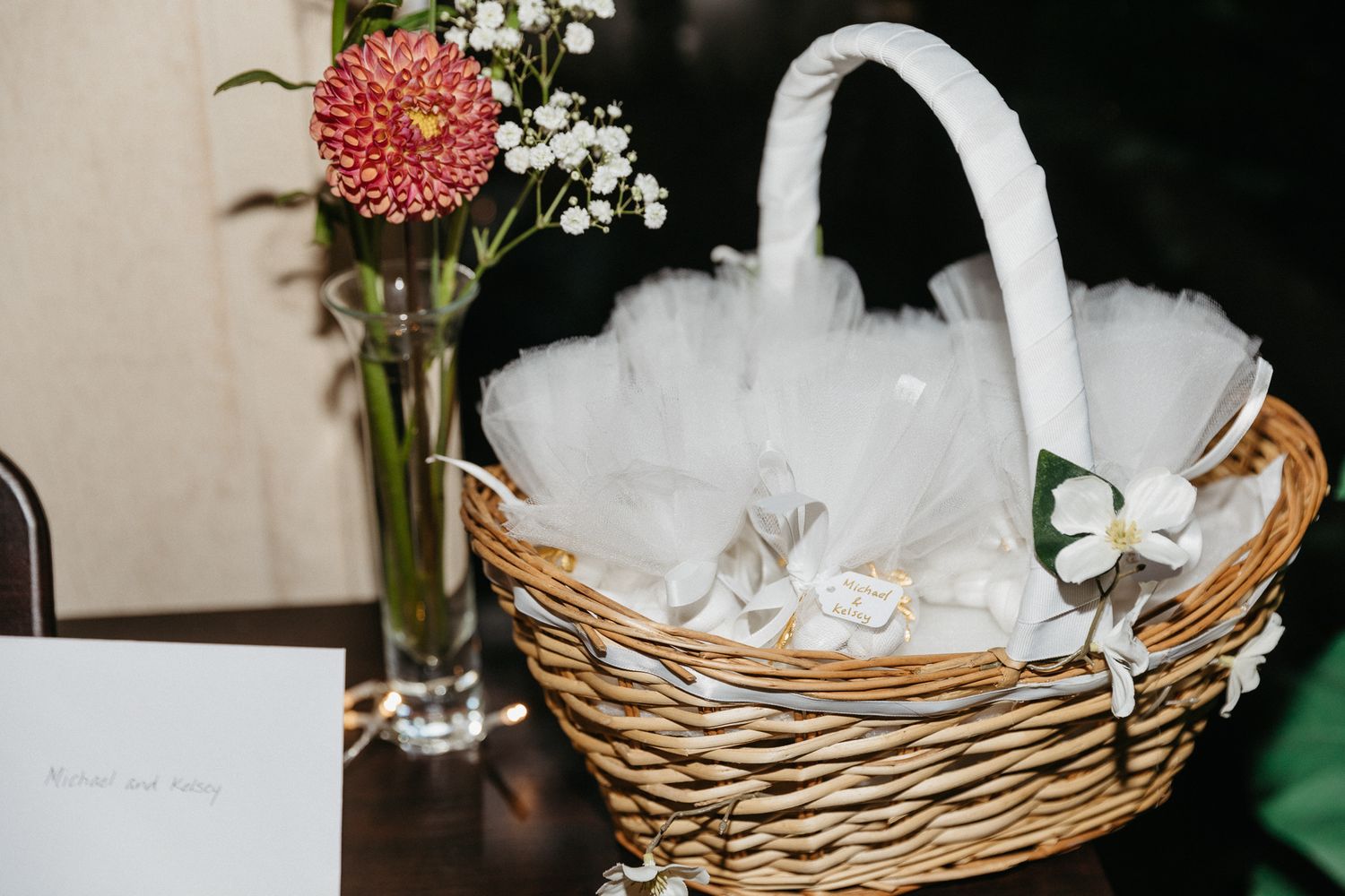 White decorated wicker basket with tulle and bow displayed at wedding event.