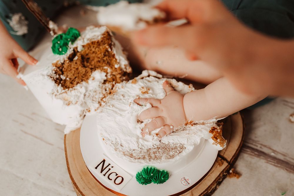 Cake smash photography session showing messy cake and frosting play.