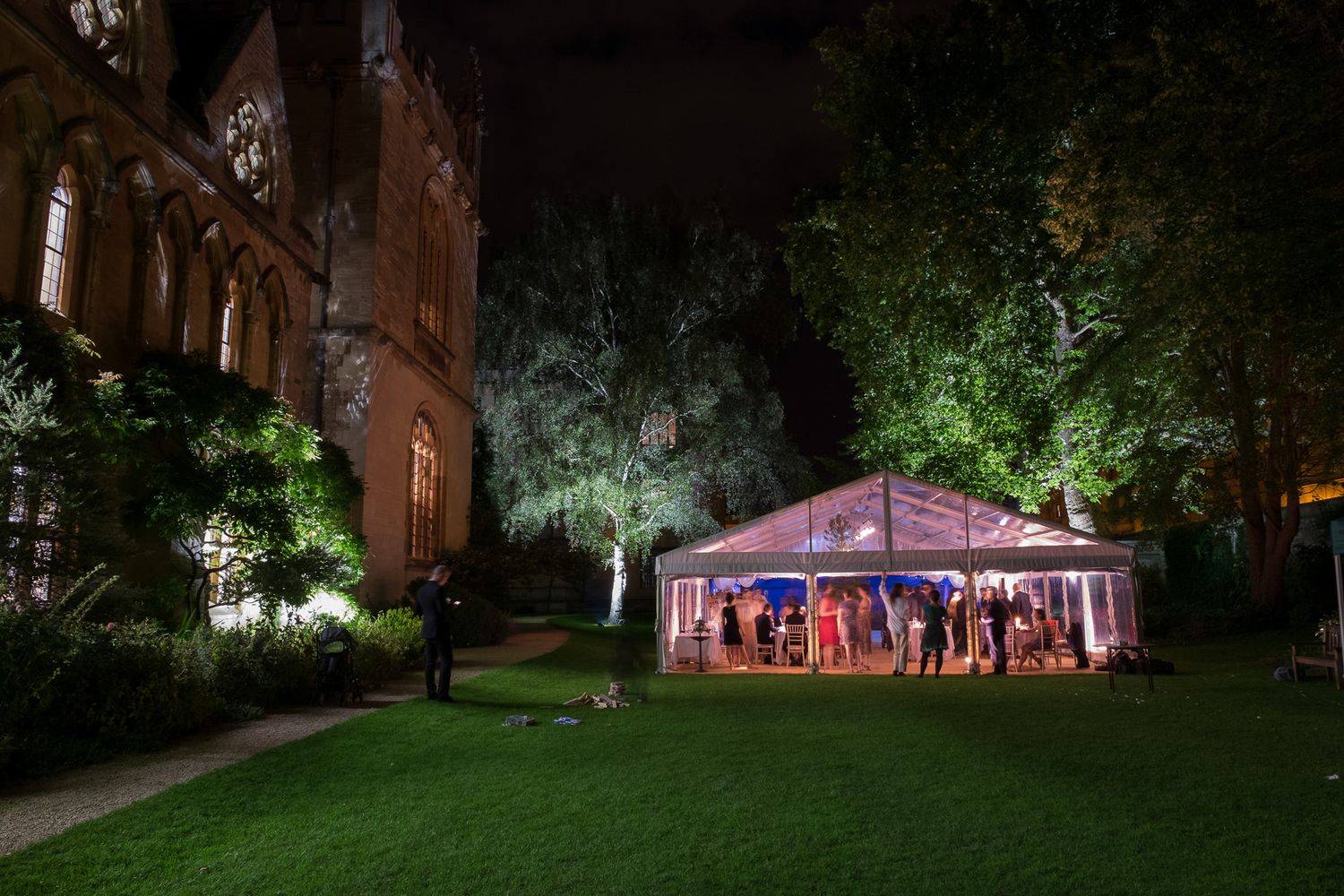 exeter college university of Oxford ground and marquee in evening for wedding party