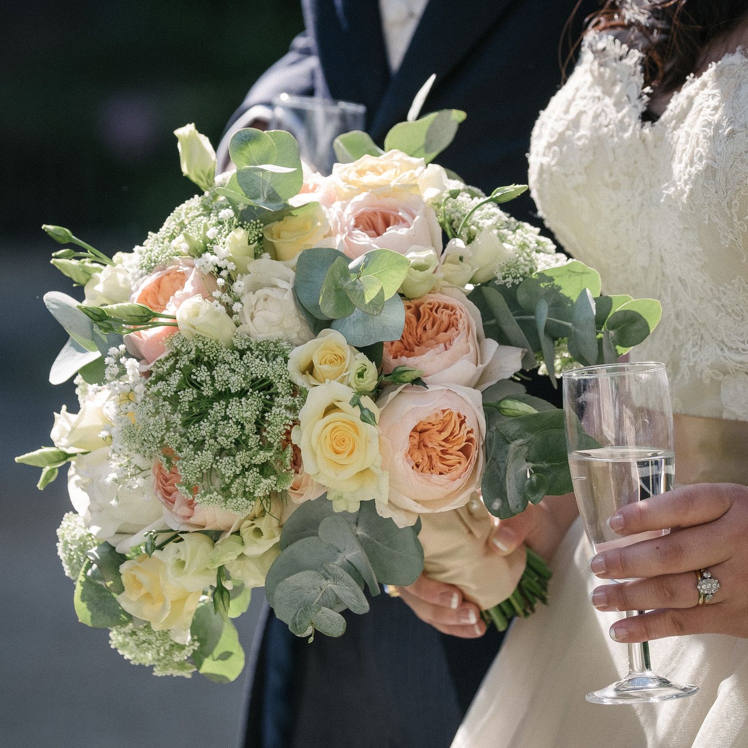 bridal bouquet and champagne