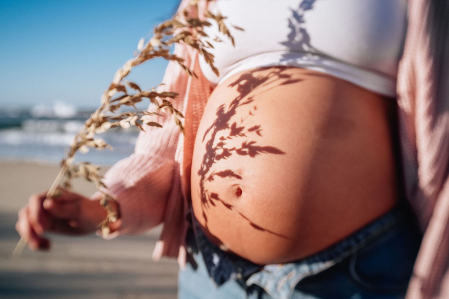 pregnant woman on the beach in norfolk, virginia with sea grass making a shadow on her belly