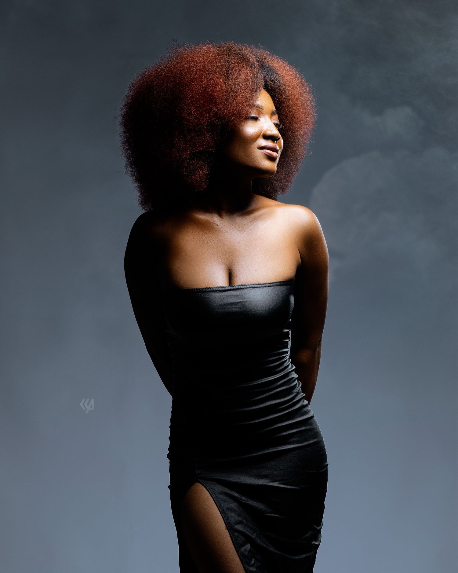 Elegant portrait of a model in a black dress with natural afro hair against a dramatic gray background.