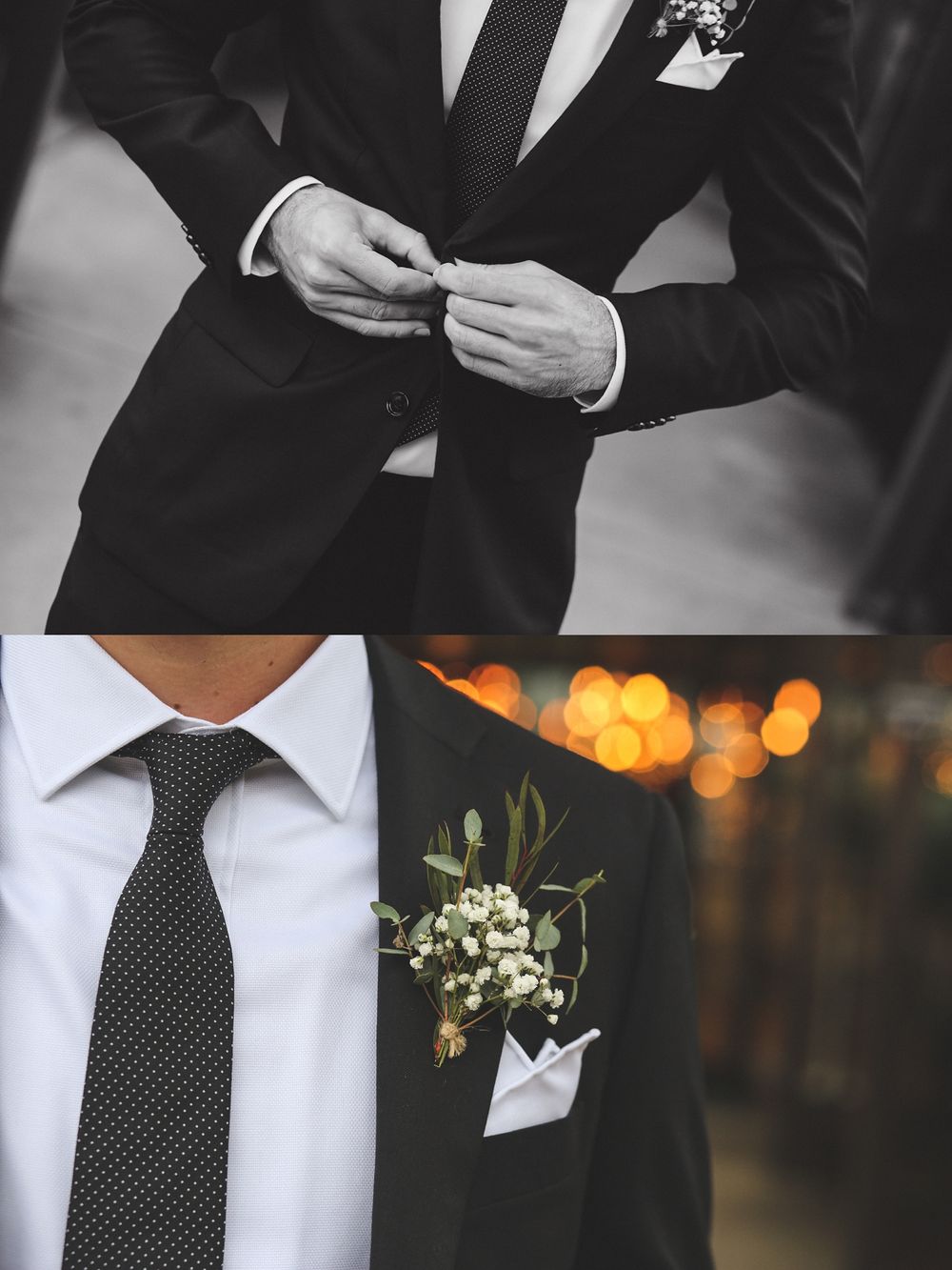 Wedding attire details showing suit buttons and boutonniere with delicate white flowers.