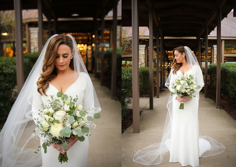 Classic bridal portraits in an elegant white dress with flowing veil and white bouquet.