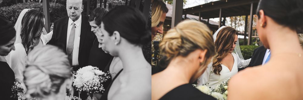 Black and white candid wedding moments during outdoor celebration.