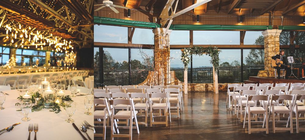 Rustic wedding ceremony venue with white chairs and large windows overlooking scenic landscape.