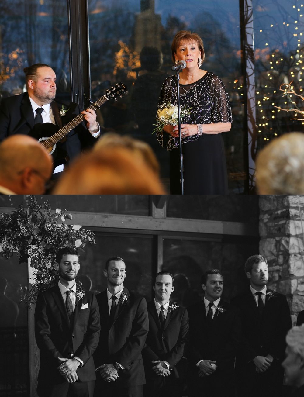 Musical performance during wedding reception with instrument and singer performing on stage.
