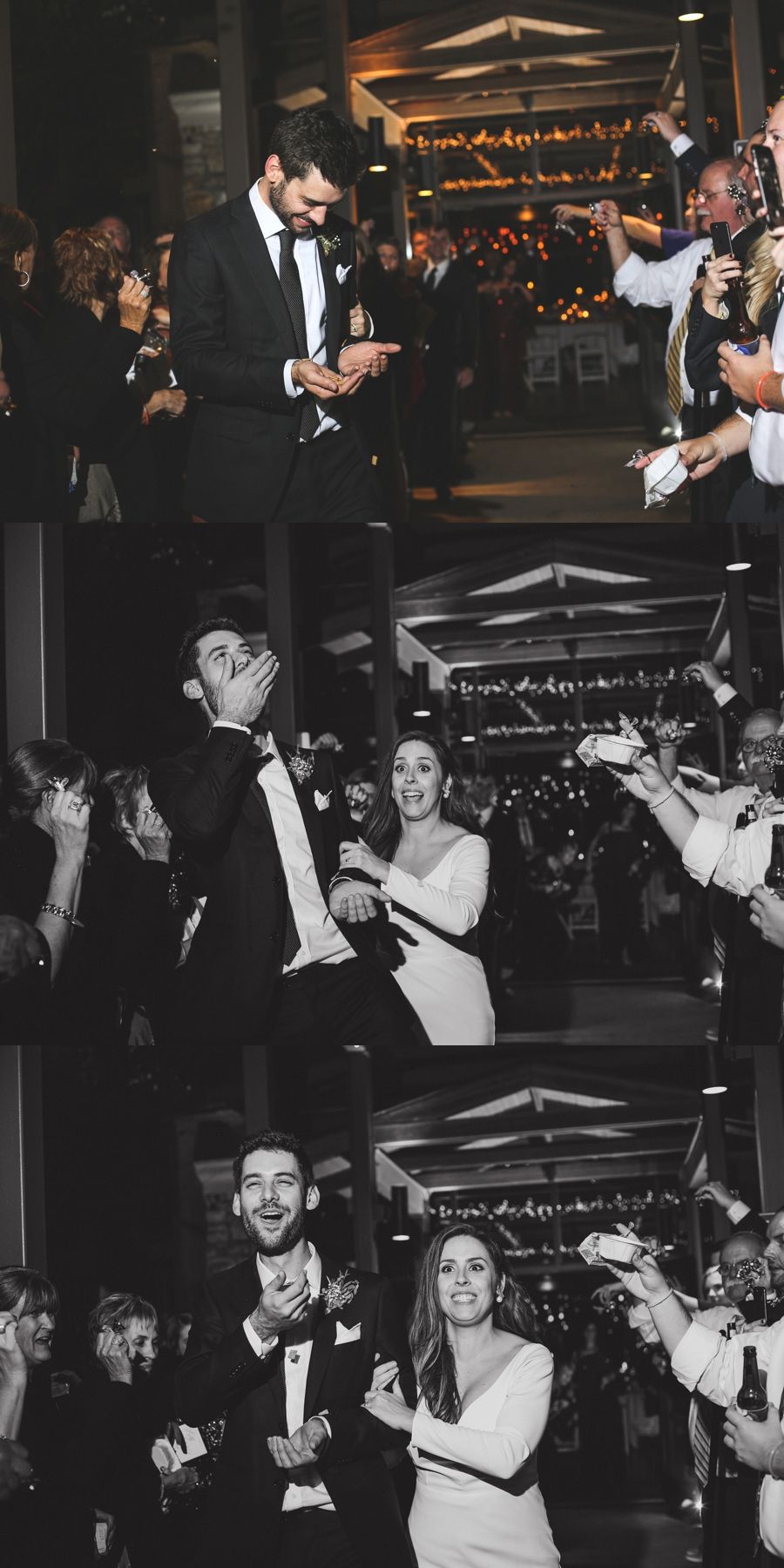 A series of candid celebration moments captured during a wedding reception.