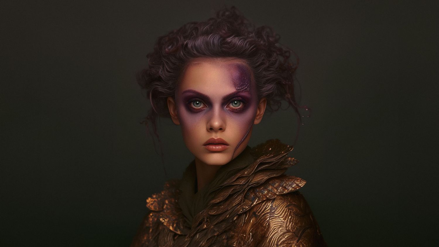 Artistic portrait with textured gold costume and dramatic makeup against dark background.