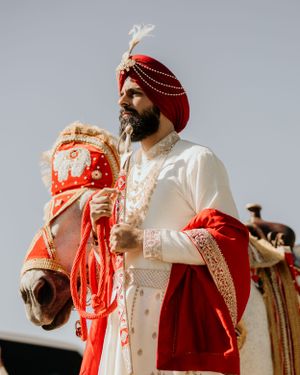 Traditional Sikh groom in white and red attire posing with decorated ceremonial horse.