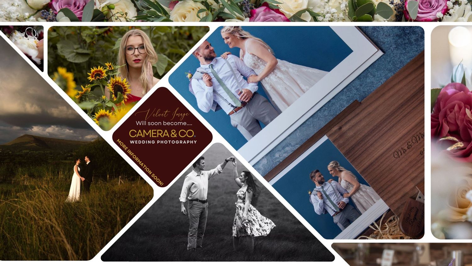 A collage of wedding photos arranged in diagonal geometric patterns.