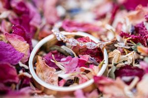 Wedding rings nestled among vibrant pink rose petals and floral details.