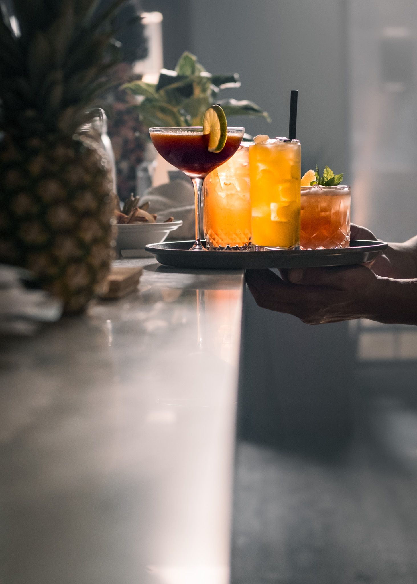 Brand photography flat lay with cocktails and drinks on table, North Vancouver brand photographer