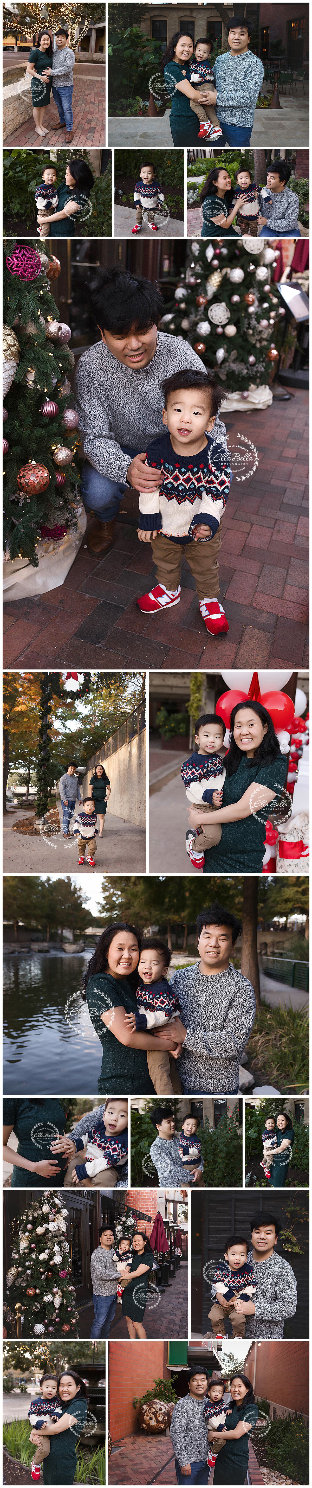Holiday family photoshoot with Christmas decorations featuring coordinated winter outfits.