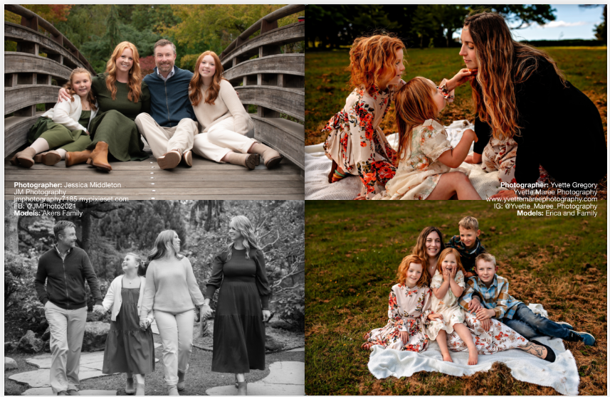 Collection of outdoor family photography scenes arranged in magazine layout format.