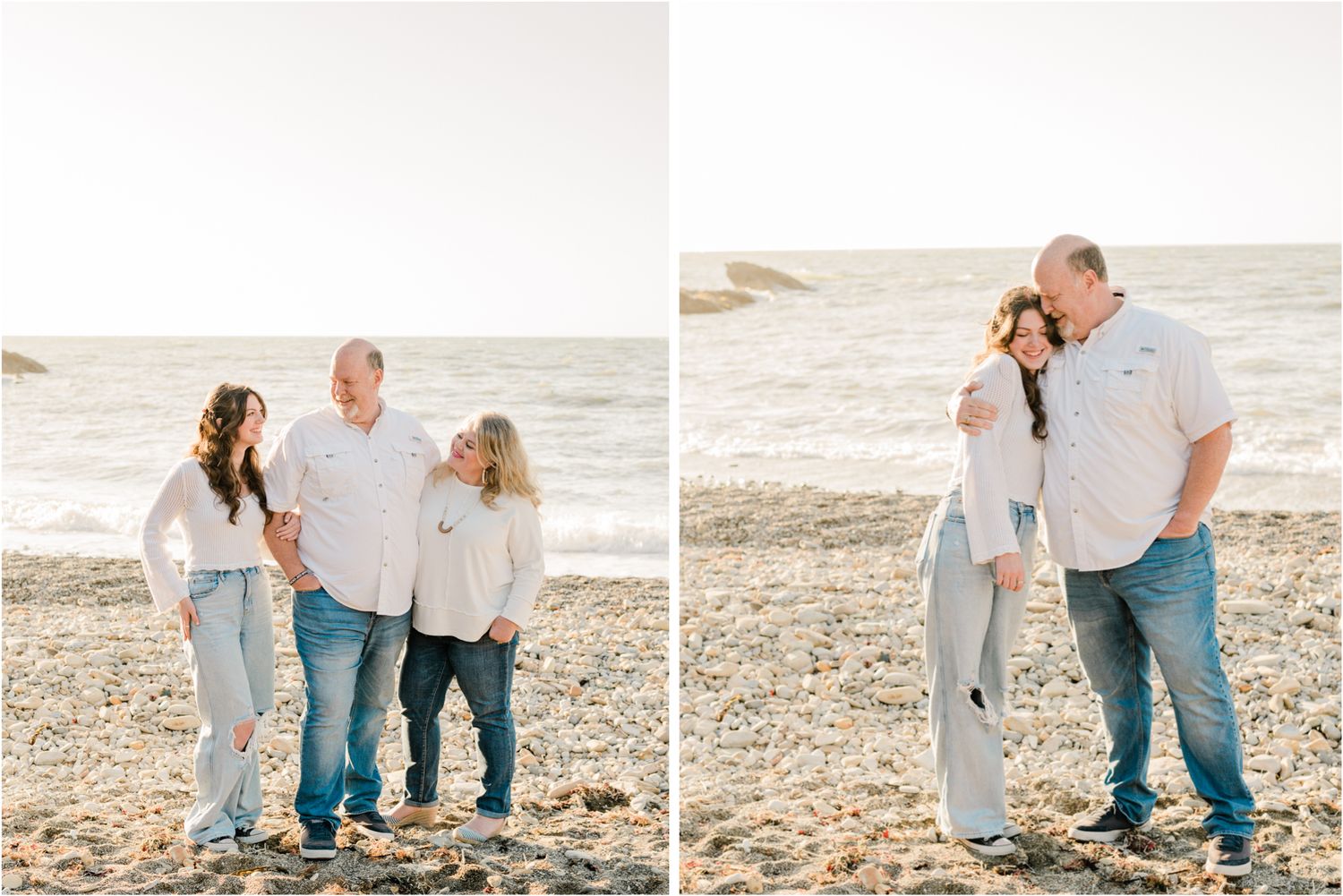 teen daughter with parents wearing white and denim for family photos on the beach