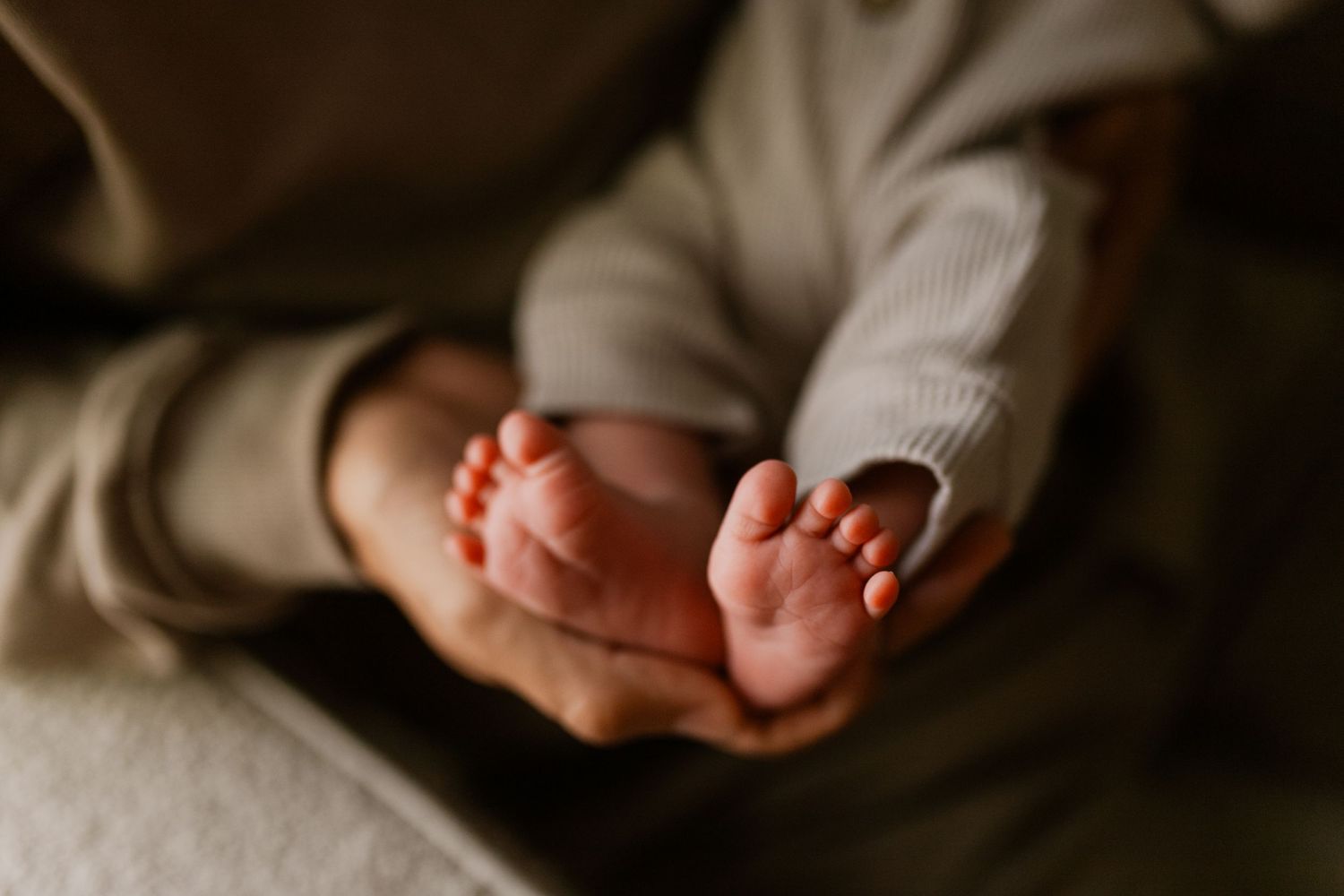 Tiny baby feet rest gently in adult hands wearing a gray sweater.