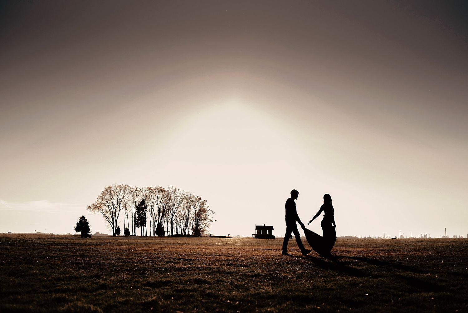 Silhouettes of couple holding hands against sunset with bare trees in background.