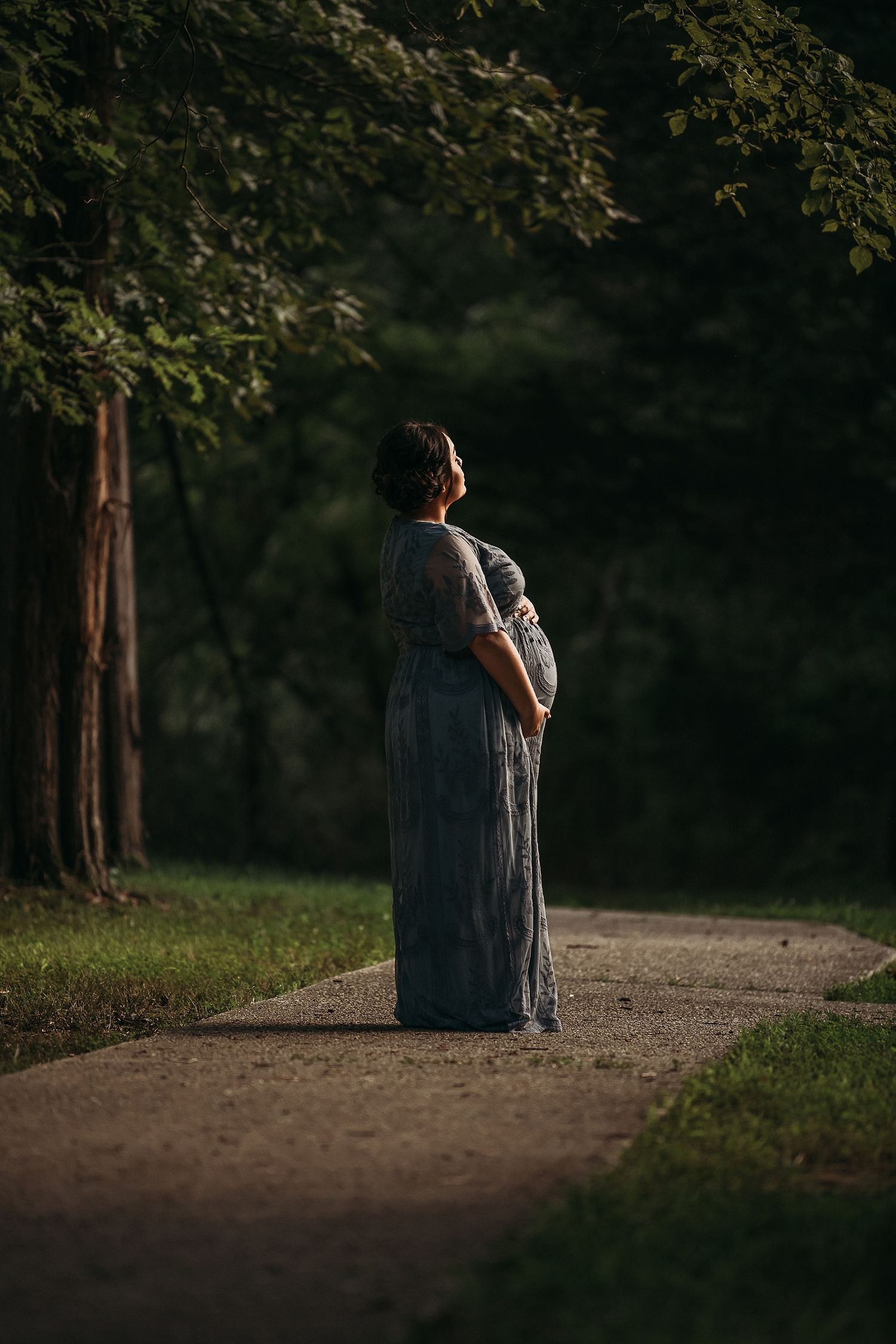 Silhouetted figure in flowing dress stands contemplatively on path surrounded by trees at dusk.