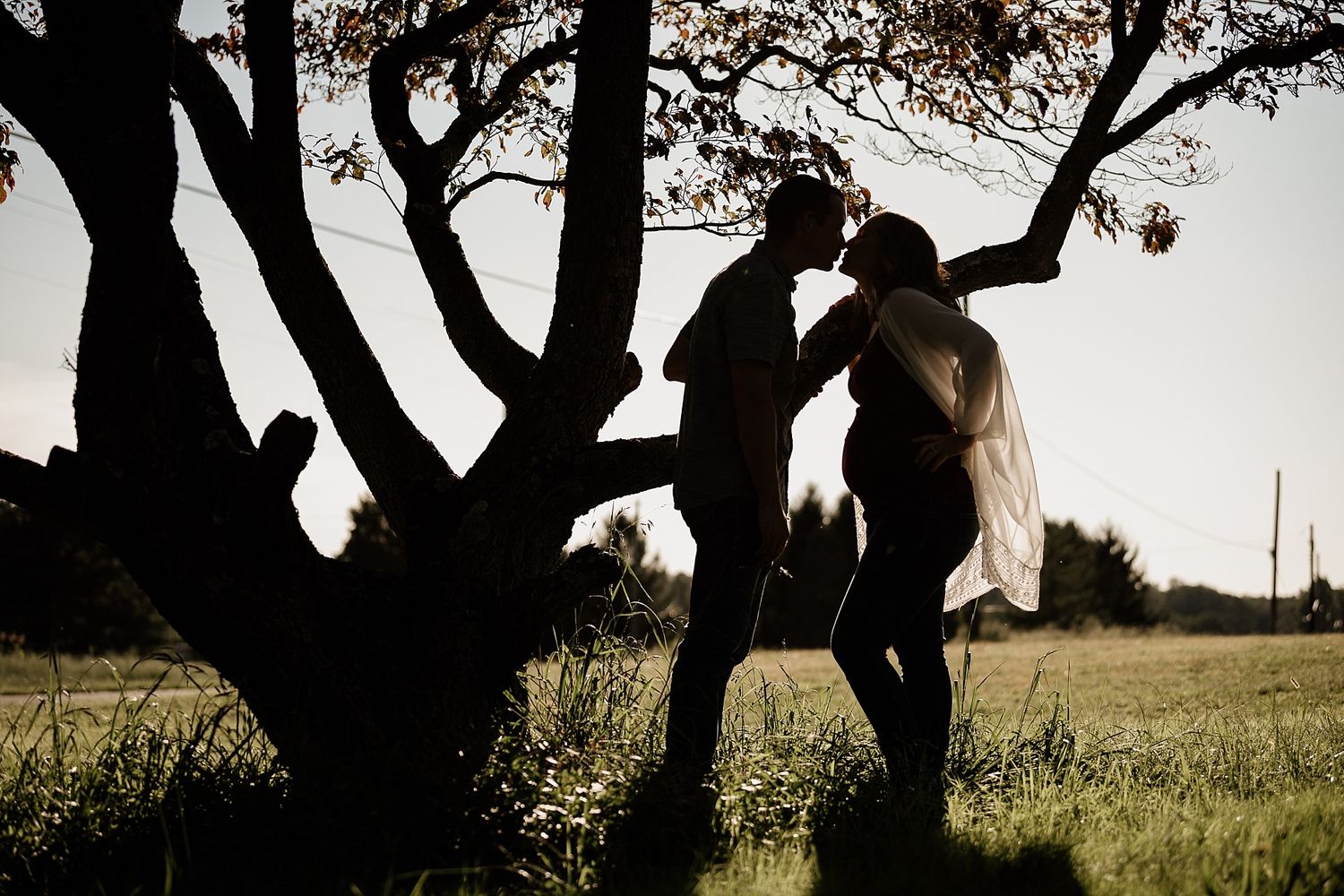 Silhouette of couple standing by tree branches at sunset in rural field.