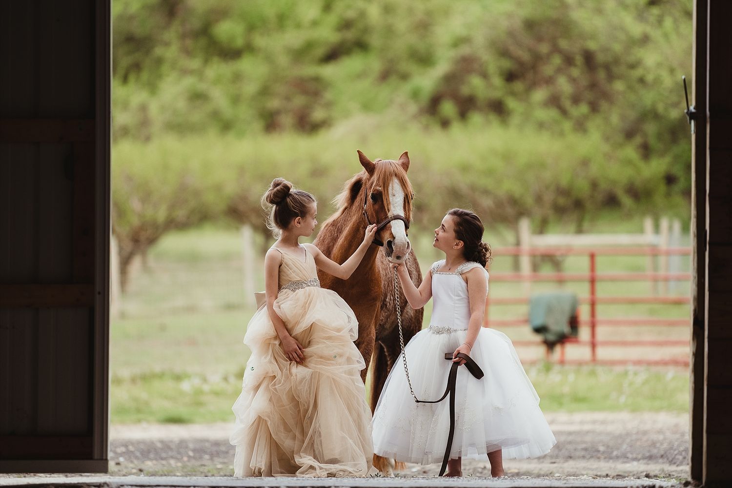 Two people in formal dresses stand with a brown horse in a rustic barn setting.