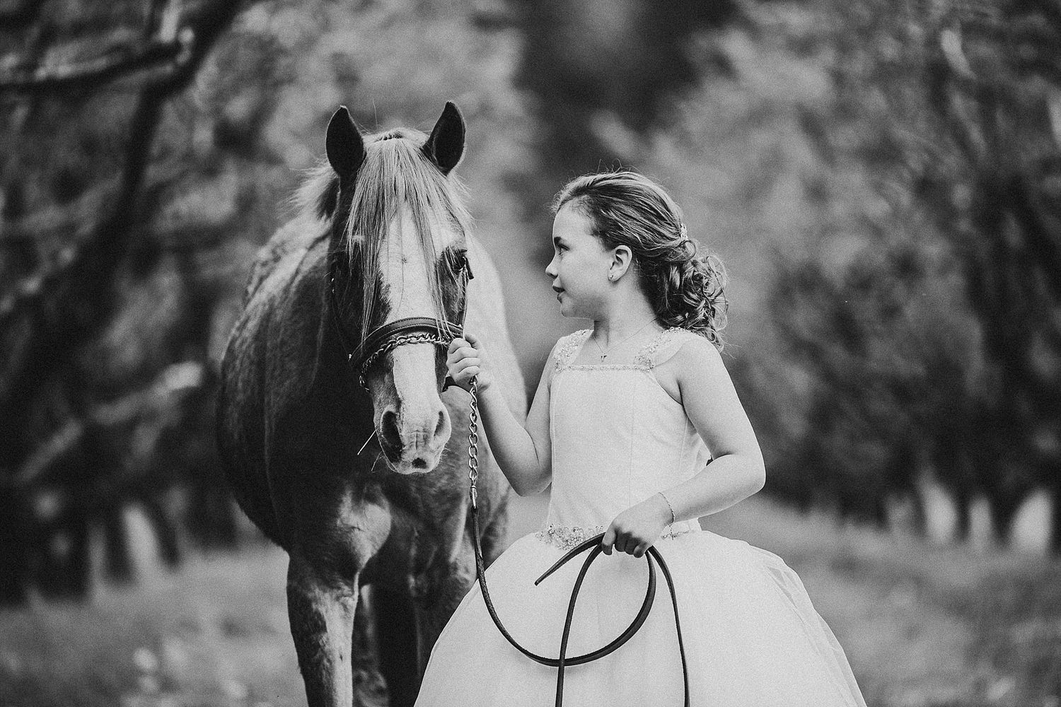 A beautiful black and white portrait of a horse and a young person in a white dress standing in an orchard.