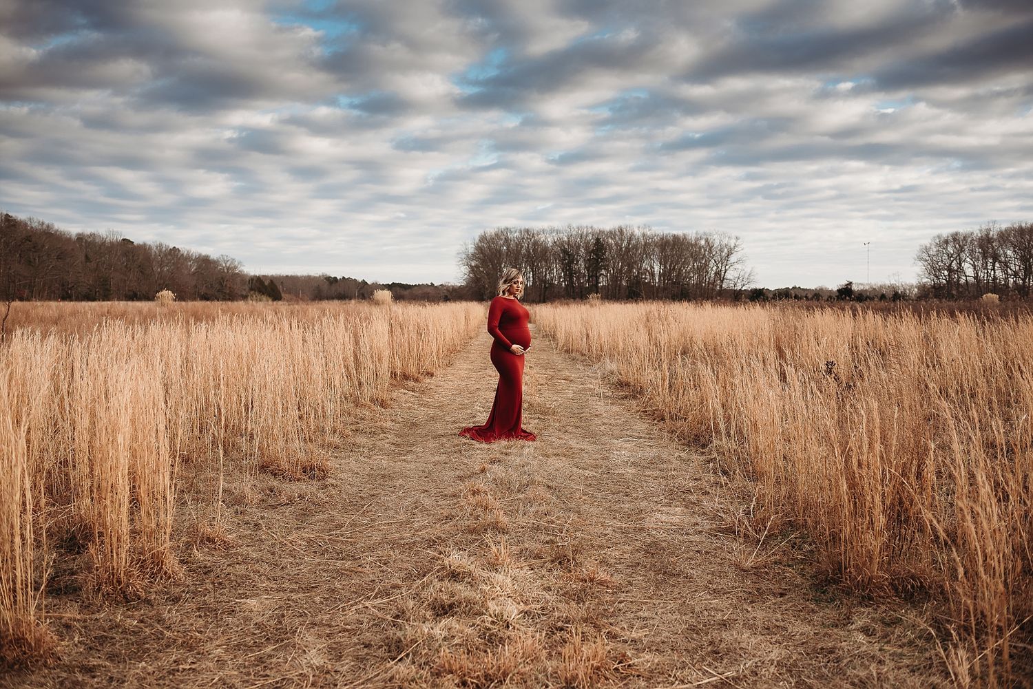 A solitary figure in red stands on a path through tall golden grass under dramatic clouds.