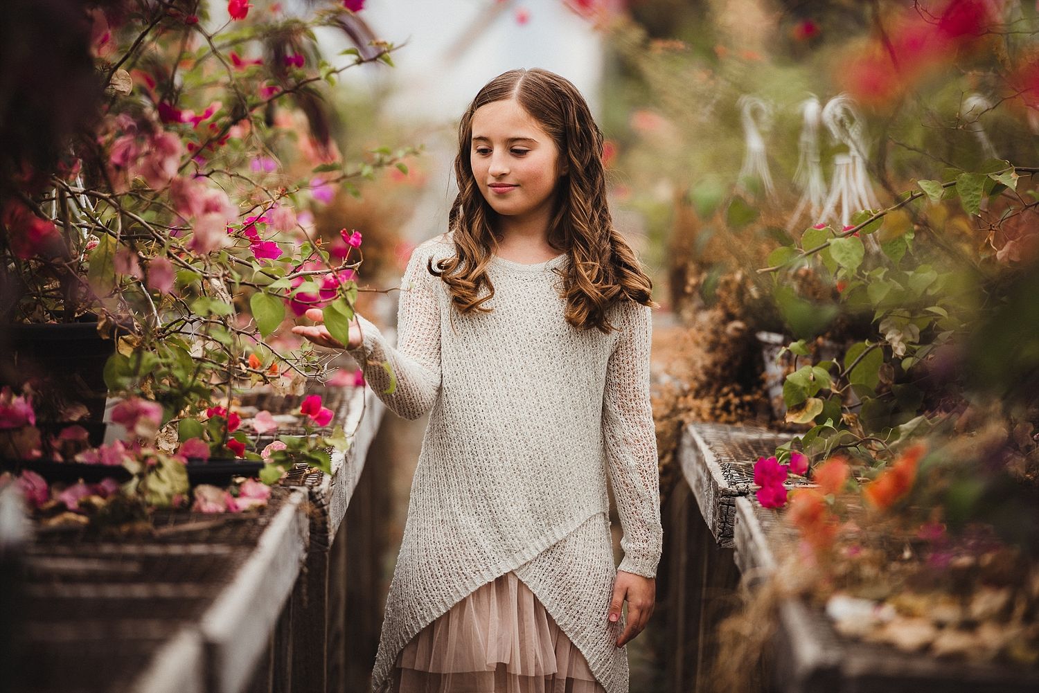 Person in sweater standing on garden path surrounded by vibrant pink flowers.