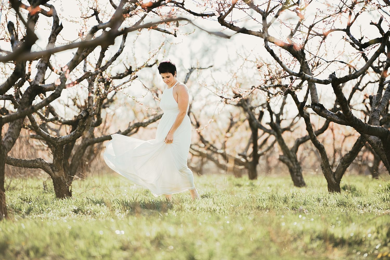 A person in a flowing white dress twirls in an orchard during springtime.