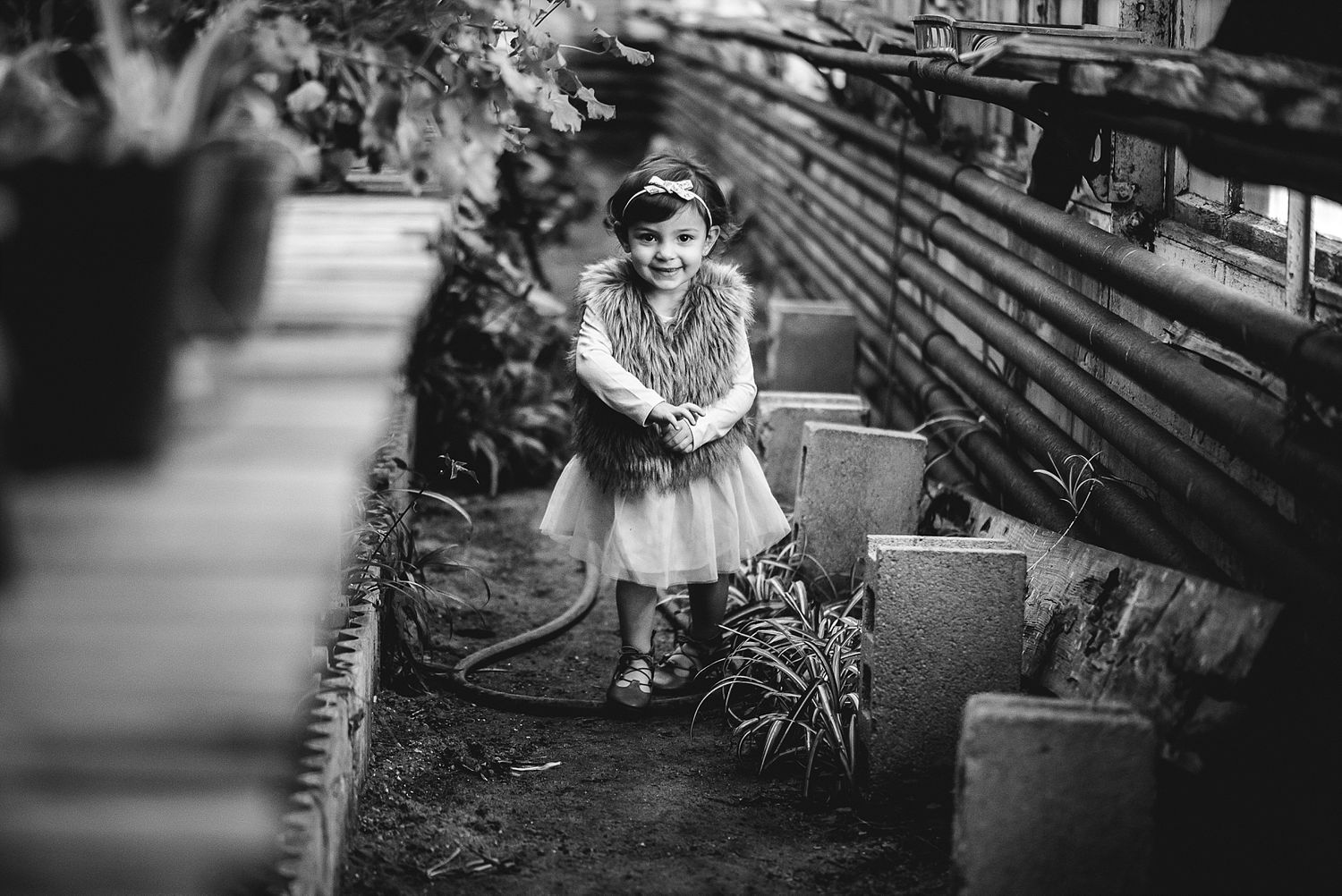 A vintage-style black and white photo of someone exploring a greenhouse pathway.