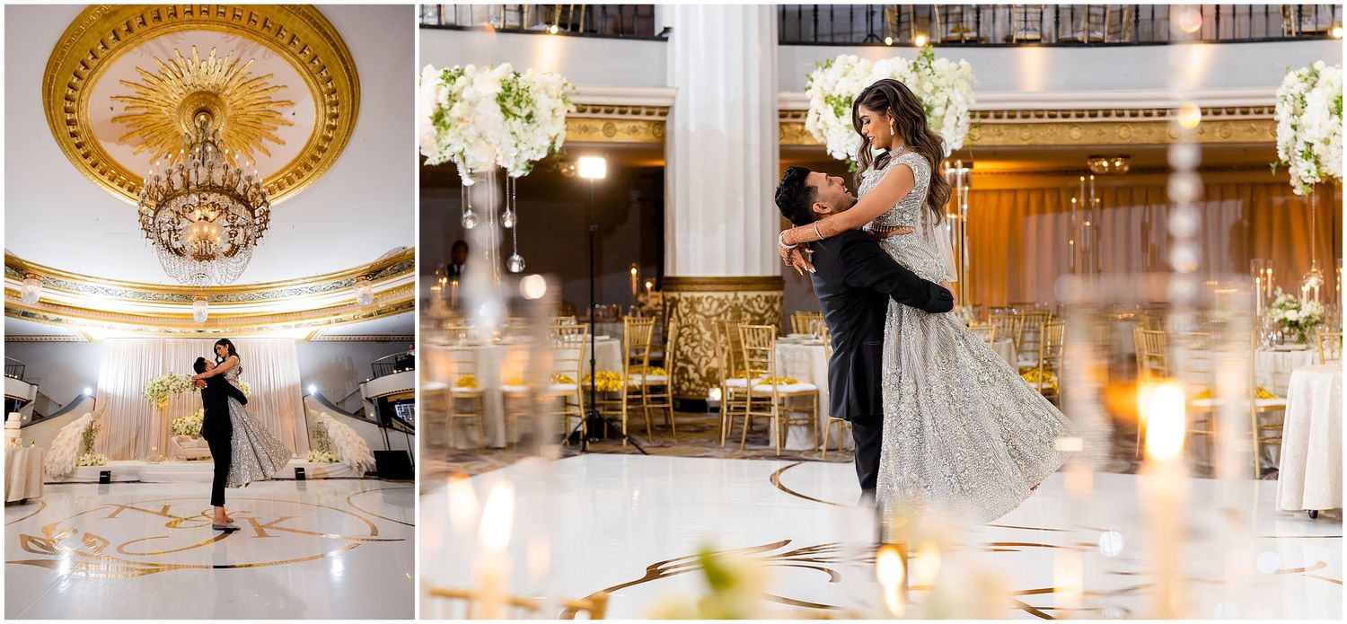 Romantic dance moments captured under ornate ballroom ceiling with crystal chandelier.