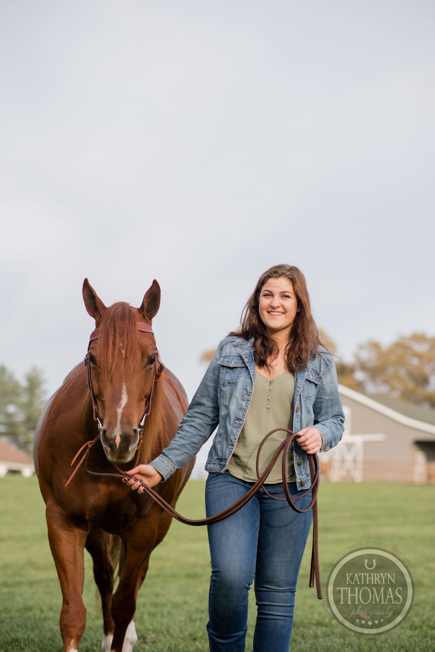 Chestnut horse and companion in denim standing together in sunny pasture with barn in background.