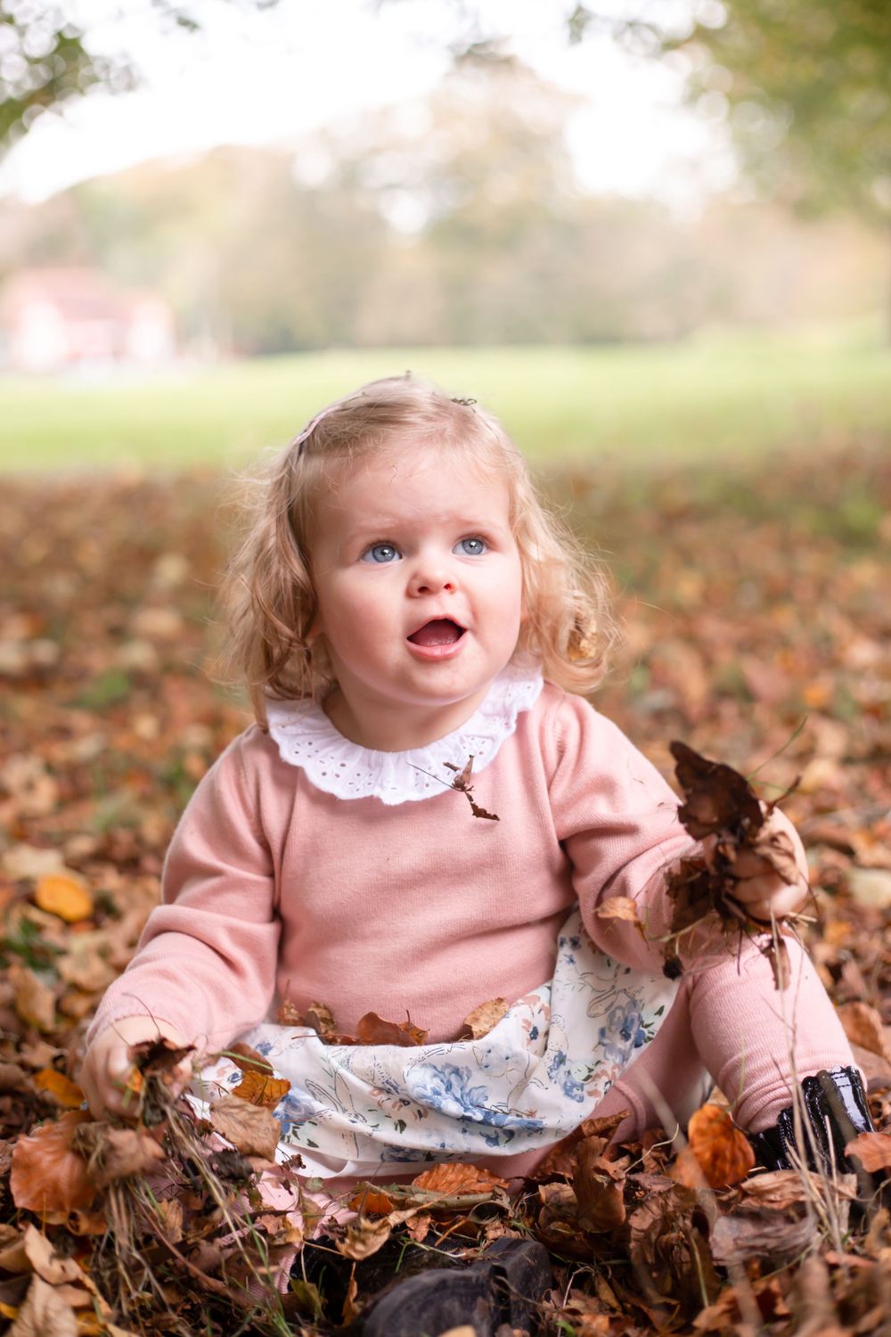 A girl plays in the autumn leaves during a family photoshoot in Eastbourne