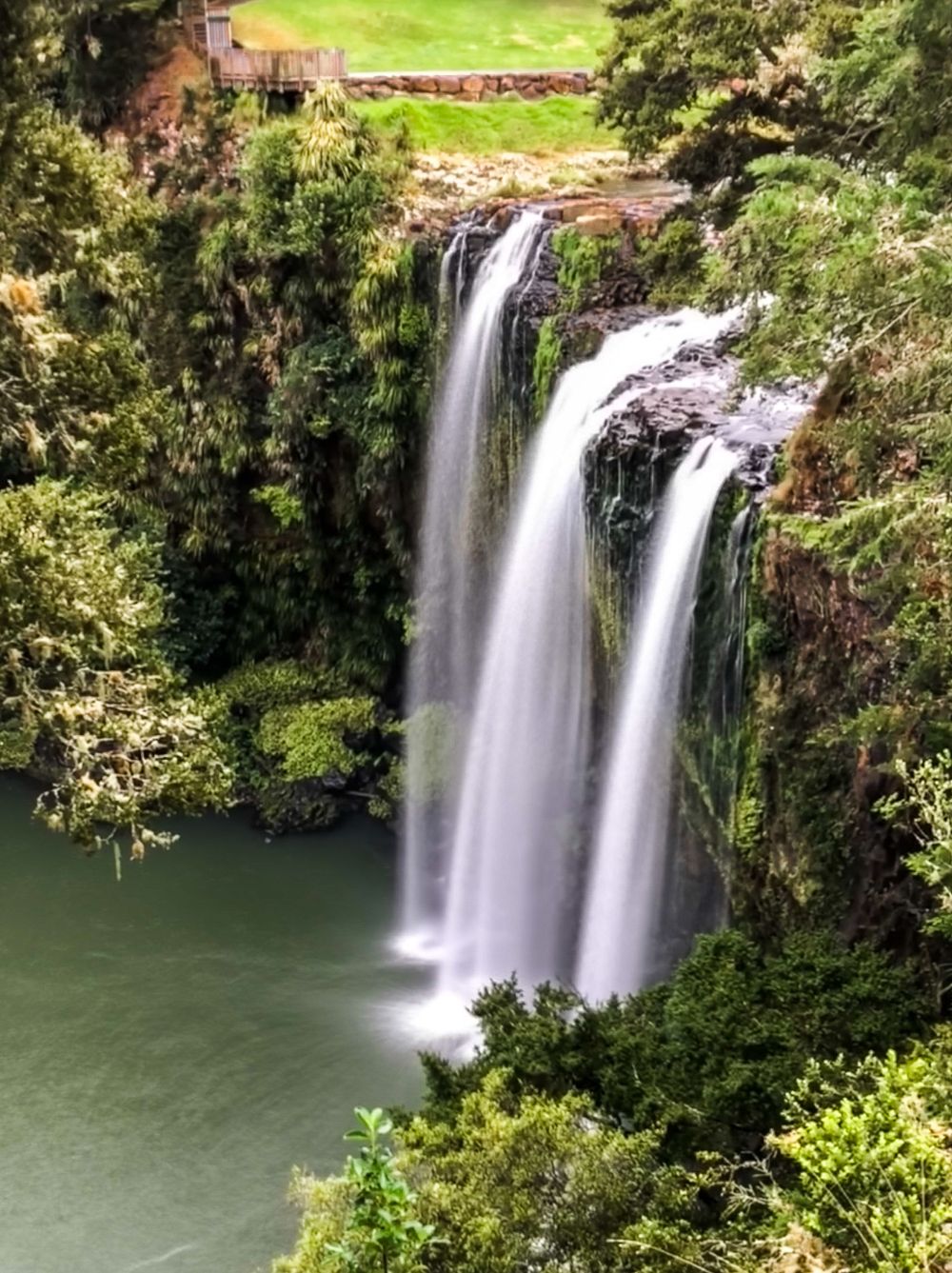 Multiple waterfalls flow into an emerald pool surrounded by dense rainforest vegetation.