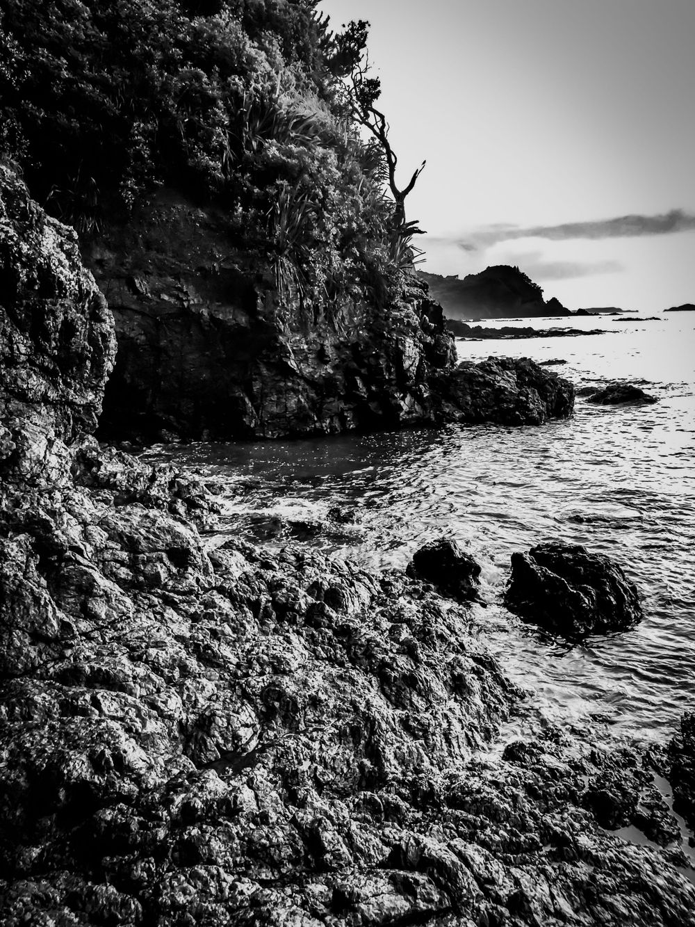 Black and white coastal landscape showing dramatic rocky cliffs meeting rough ocean waters.