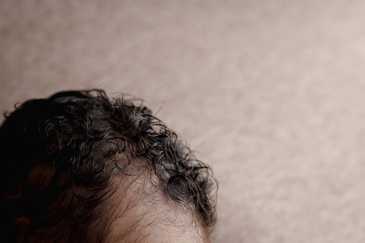 Close up artistic detail shot of dark curly hair against neutral background.