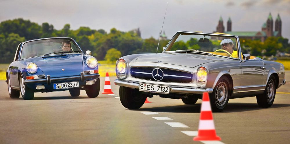 post production of photograph of classic Mercedes SL and Porsche 911