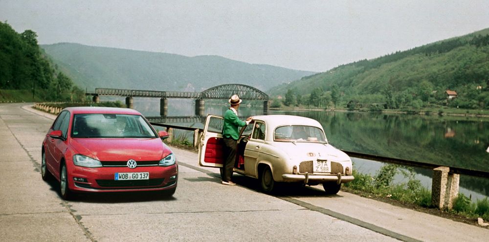 VW Golf VII included in vintage photograph from the 1960s  illustration CGI post production