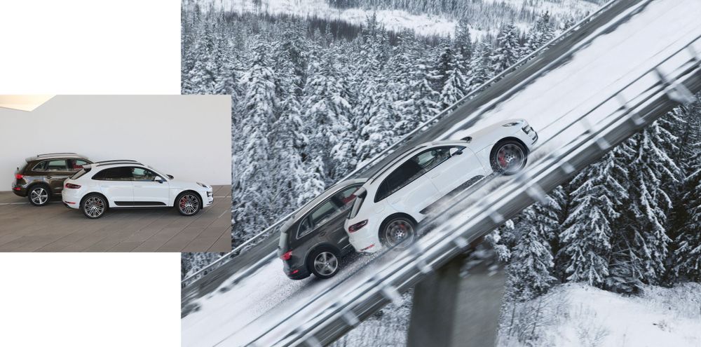 Audi Q5 vs Porsche Macan ski jump CGI montage post production for Auto Bild