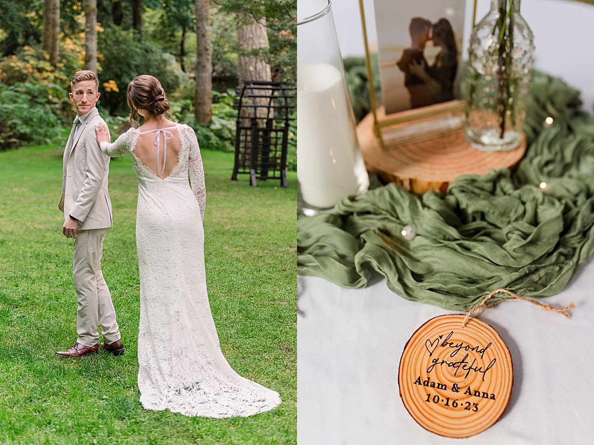 Bride and groom share first look along side their engraved wedding favors
