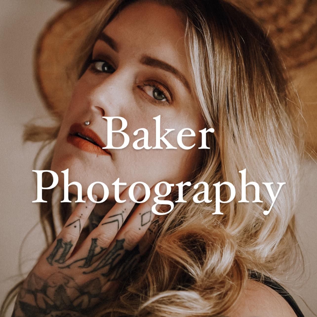 A photography brand logo overlay on a warm-toned artistic portrait.