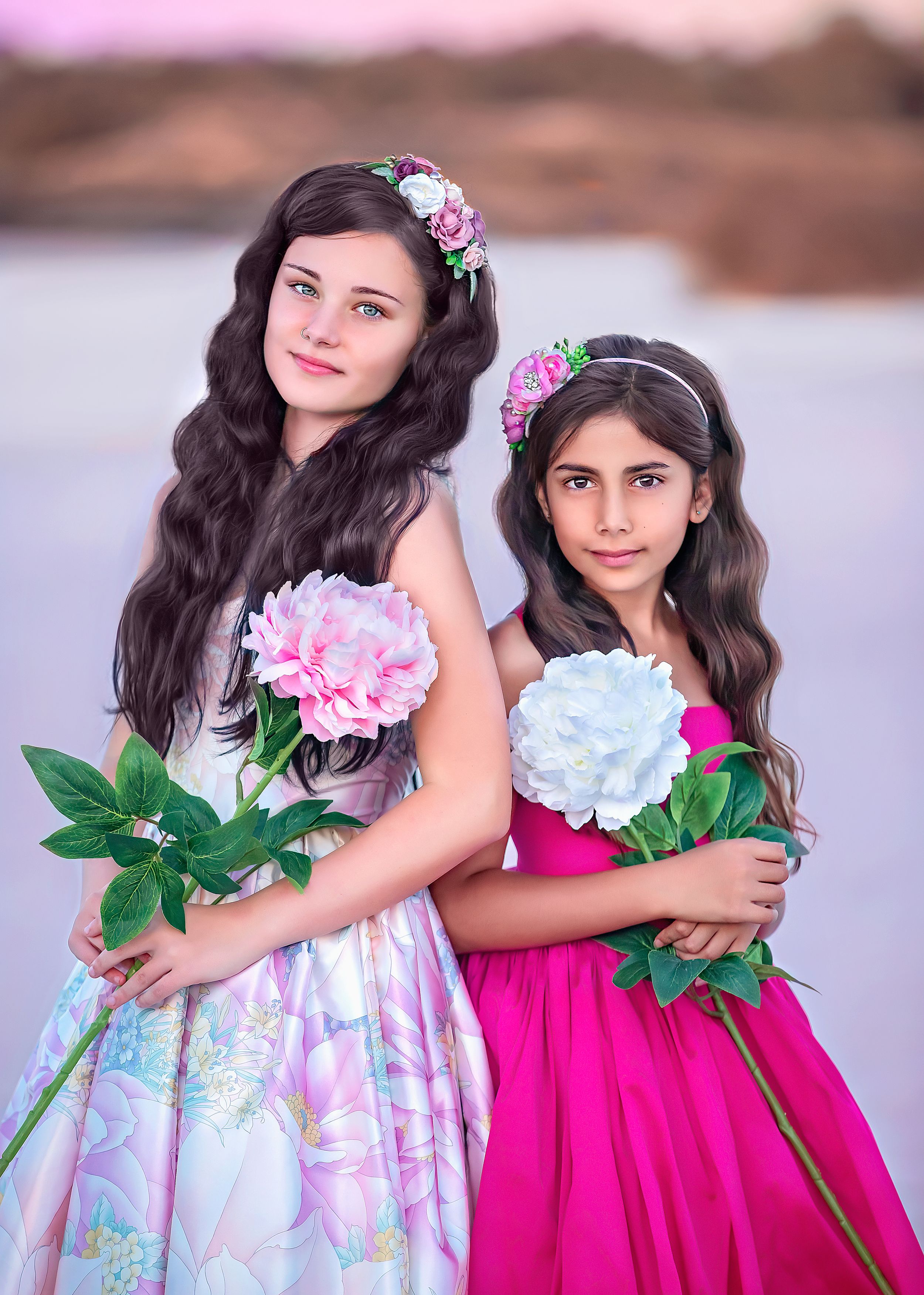 Dream Dress portrait session of two girls wearing gowns at Rockingham Salt Lakes.