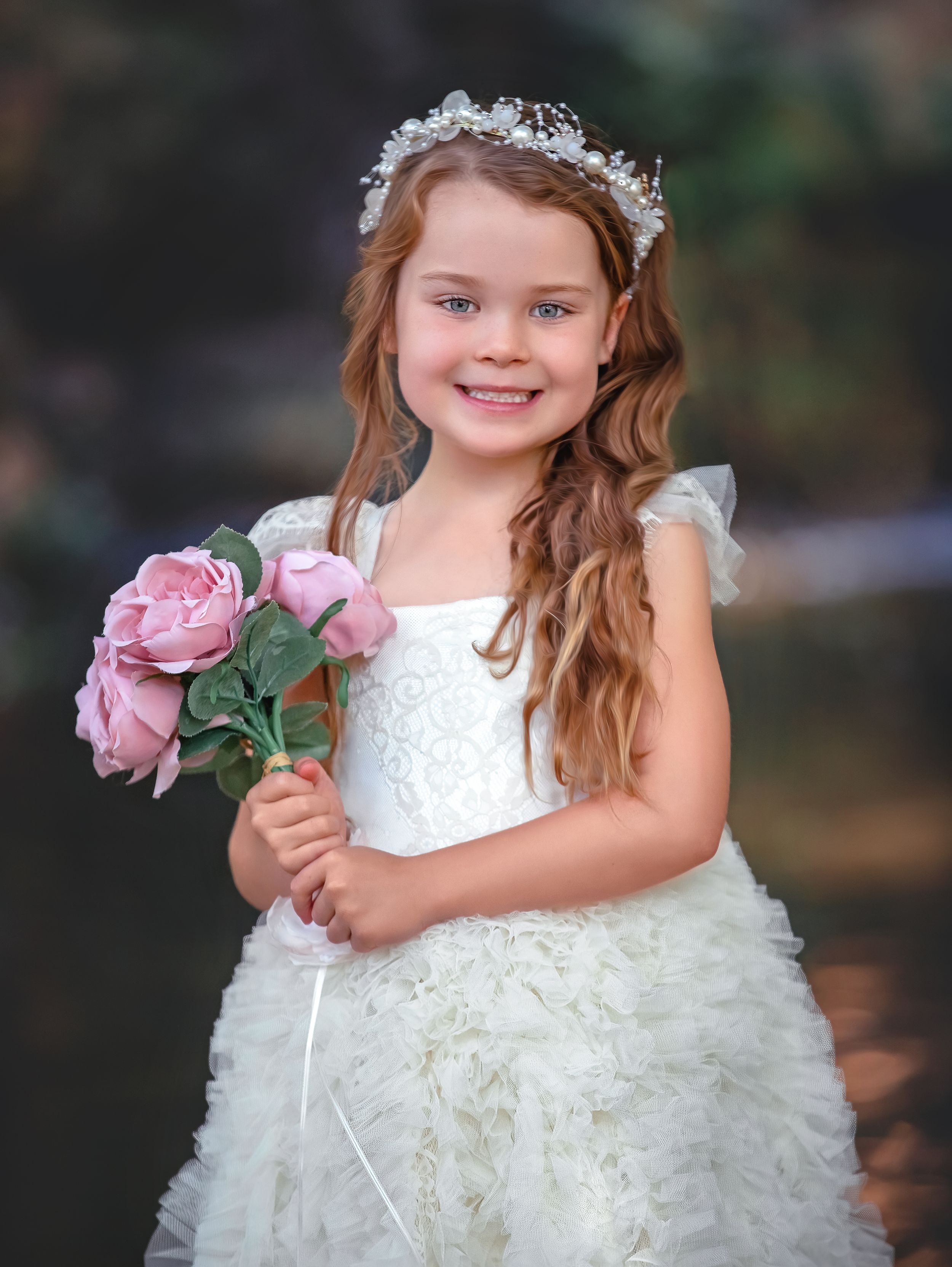Dream Dress portrait. John Oldham Park Perth. Girl in white gown and beaded headpiece holding flowers.