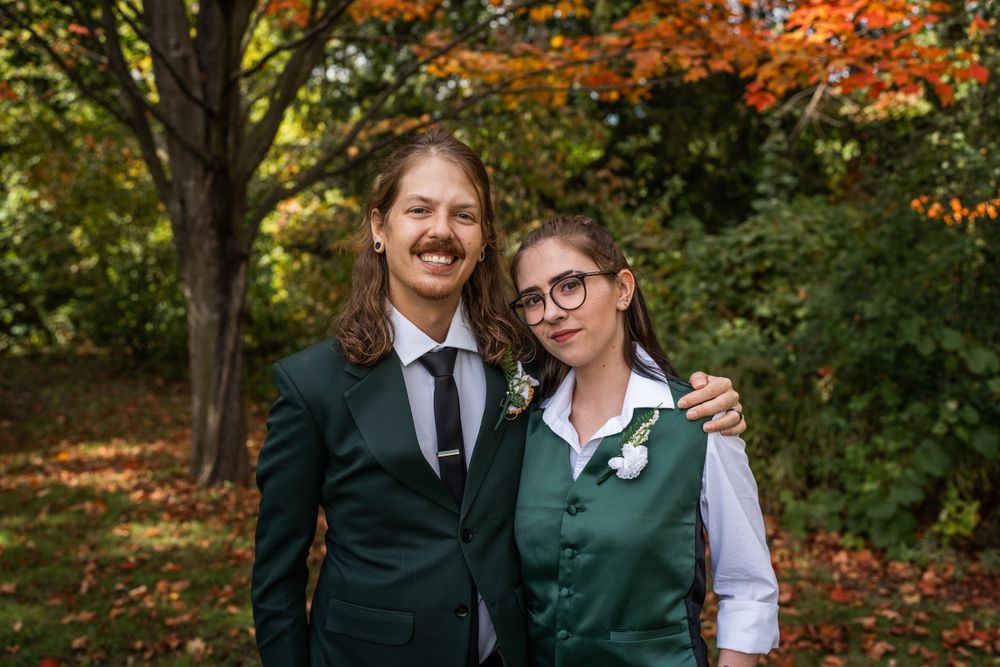 groom and groomswoman outdoor fall wedding photo acton ontario