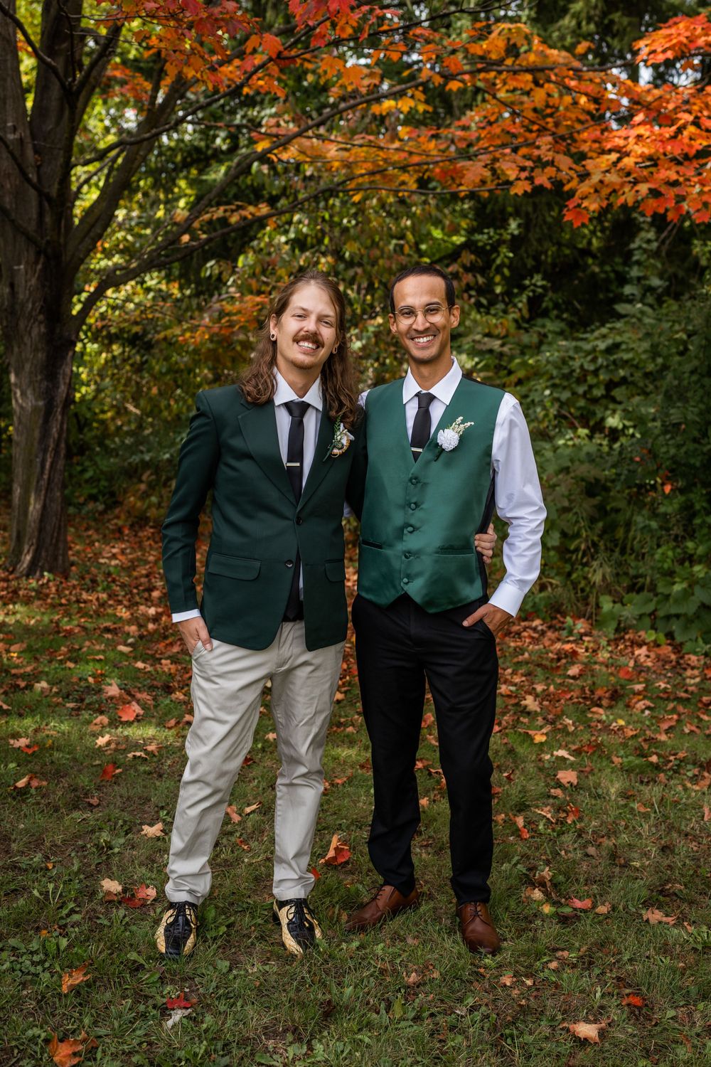 groom and groomsman outdoor fall autumn wedding photo in acton ontario