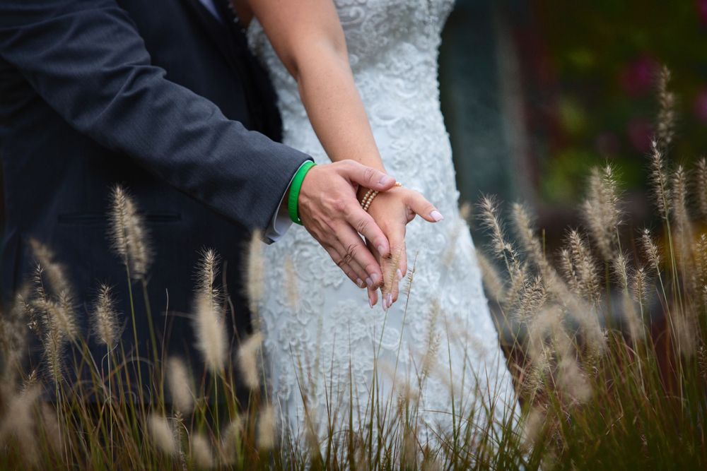 a wedding couple hold hands with tall grasses next to each other, in the style of nikon d850, brent heighton