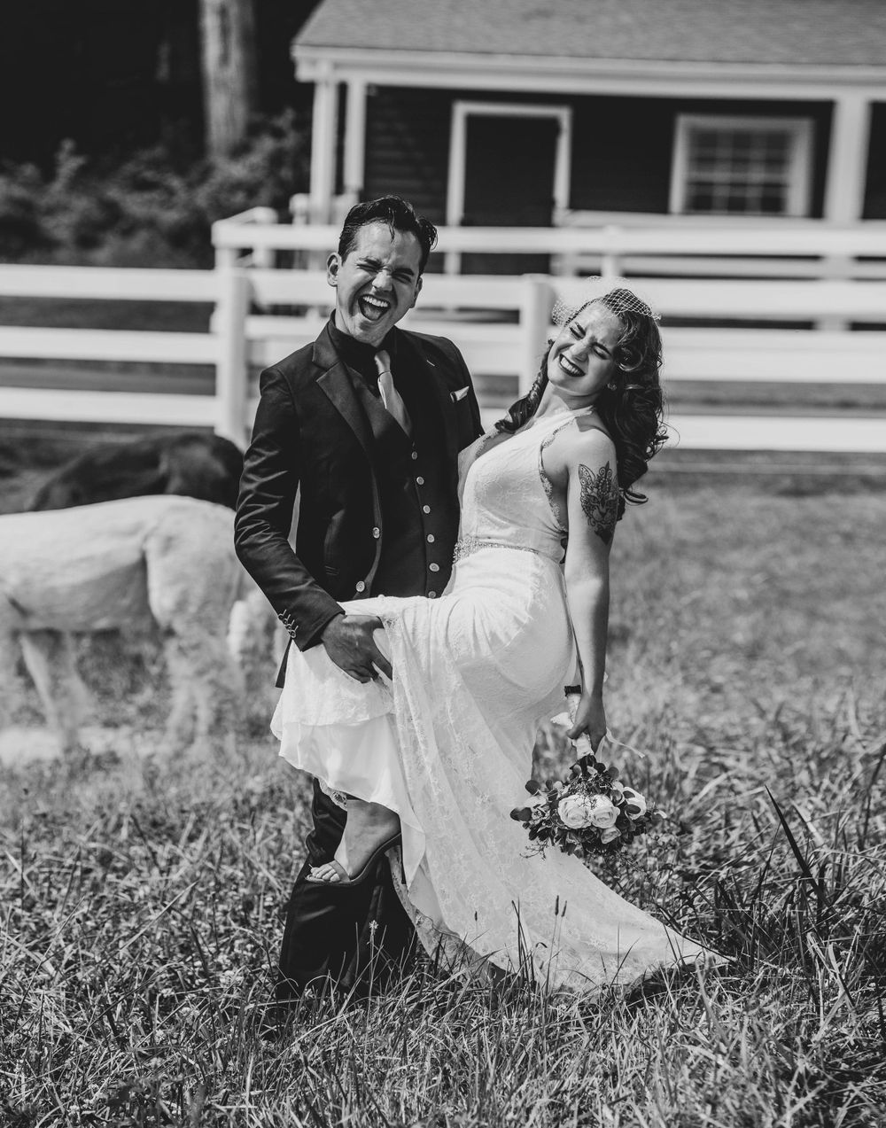 the bride and groom pose in front of a barn with llamas, in the style of black and white mastery, playful caricature